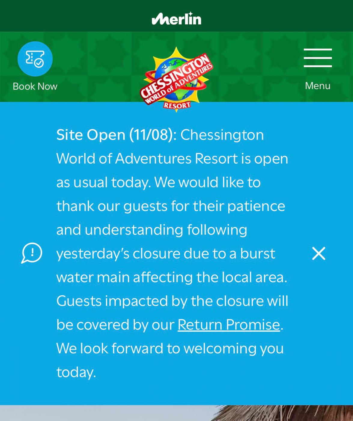 Chessington Closes Due to Burst Water Main 10th August 2026